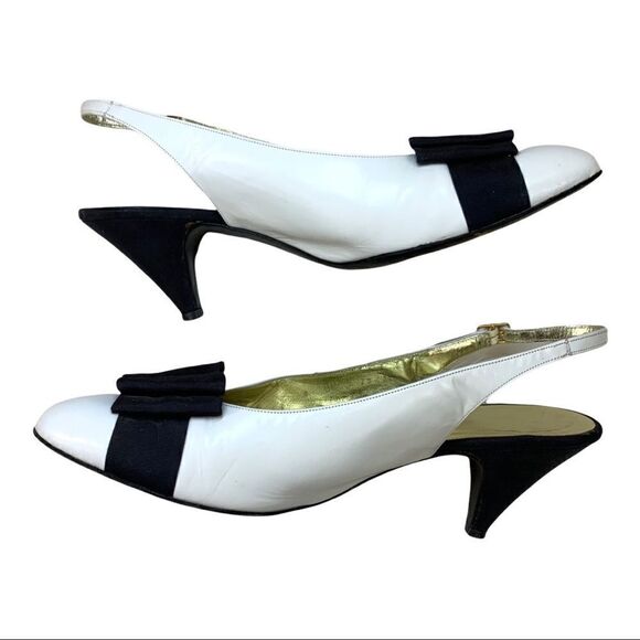 Saks Fifth Avenue Fenton Last Slingback White Leather Black Bow 8 Vintage - Picture 5 of 12